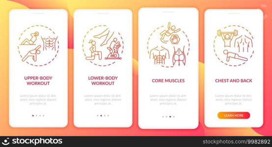 Workout kinds onboarding mobile app page screen with concepts. Full-body workout, core muscles walkthrough 4 steps graphic instructions. UI vector template with RGB color illustrations. Workout kinds onboarding mobile app page screen with concepts