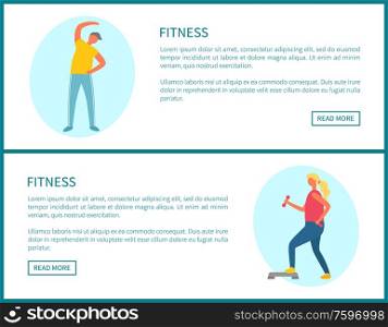 Workout plan, fitness and sport, morning exercising web page template vector. Bending over and lunges with dumbbells, training and healthy lifestyle. Fitness and Sport Exercising Web Page Templates