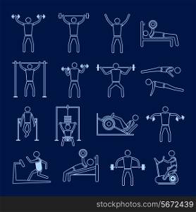 Workout sport and fitness gym training healthy lifestyle icons outline set isolated vector illustration