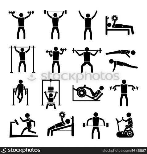 Workout sport and fitness gym training icons black set isolated vector illustration