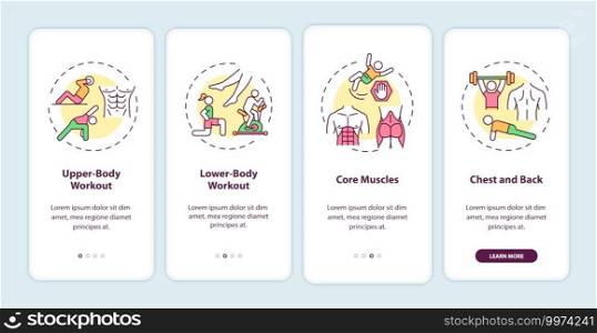 Workout types onboarding mobile app page screen with concepts. Upper-body, lower-body workout, core muscles walkthrough 4 steps graphic instructions. UI vector template with RGB color illustrations. Workout types onboarding mobile app page screen with concepts