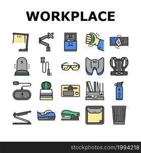 Workplace Accessories And Tools Icons Set Vector. Workplace Desk Organizer And Monitor Arm, Stapler And Tape Dispenser Stationery, Table Phone Holder And Wireless Charger Line. Color Illustrations. Workplace Accessories And Tools Icons Set Vector