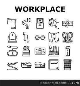 Workplace Accessories And Tools Icons Set Vector. Workplace Desk Organizer And Monitor Arm, Stapler And Tape Dispenser Stationery, Table Phone Holder And Wireless Charger Black Contour Illustrations. Workplace Accessories And Tools Icons Set Vector