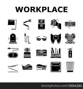 Workplace Accessories And Tools Icons Set Vector. Workplace Desk Organizer And Monitor Arm, Stapler Tape Dispenser Stationery, Table Phone Holder Wireless Charger Glyph Pictograms Black Illustrations. Workplace Accessories And Tools Icons Set Vector