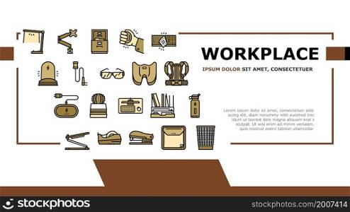 Workplace Accessories And Tools Landing Web Page Header Banner Template Vector. Workplace Desk Organizer And Monitor Arm, Stapler And Tape Dispenser Stationery, Table Phone Holder Illustration. Workplace Accessories And Tools Landing Header Vector