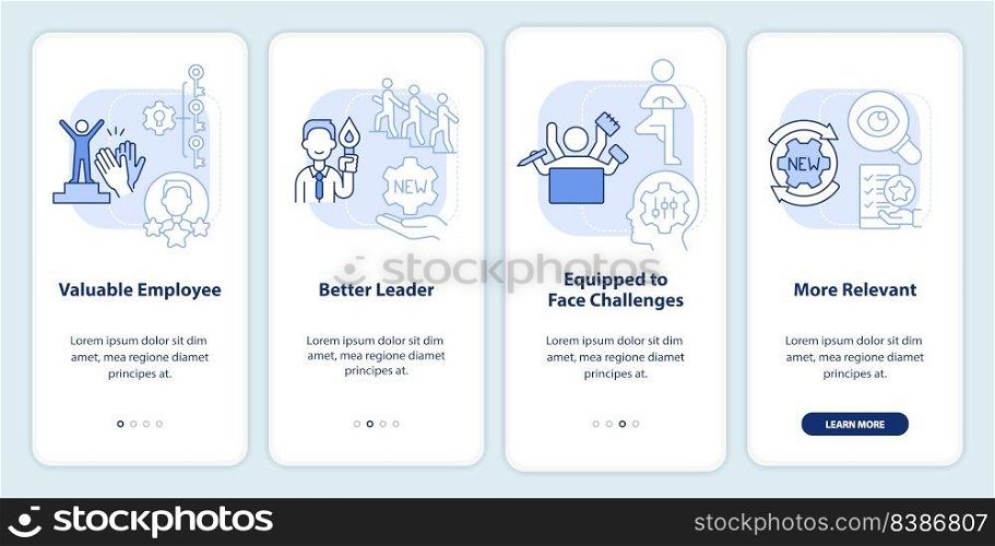 Workplace adaptability light blue onboarding mobile app screen. Walkthrough 4 steps editable graphic instructions with linear concepts. UI, UX, GUI template. Myriad Pro-Bold, Regular fonts used. Workplace adaptability light blue onboarding mobile app screen