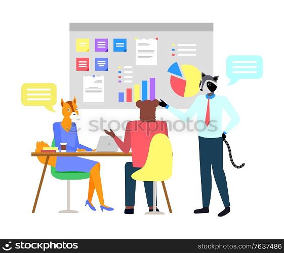 Workplace and workers hipster animals, character fox, raccoon and bear discussing, board with charts and papers. Employee working with laptop. Vector illustration in flat cartoon style. Fox Character, Raccoon and Bear In Office Vector