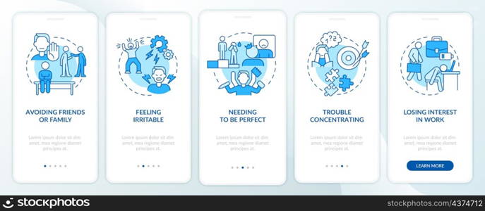 Workplace anxiety blue onboarding mobile app screen. Work life walkthrough 5 steps graphic instructions pages with linear concepts. UI, UX, GUI template. Myriad Pro-Bold, Regular fonts used. Workplace anxiety blue onboarding mobile app screen