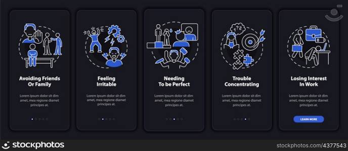 Workplace anxiety night mode onboarding mobile app screen. Stress causes walkthrough 5 steps graphic instructions pages with linear concepts. UI, UX, GUI template. Myriad Pro-Bold, Regular fonts used. Workplace anxiety night mode onboarding mobile app screen