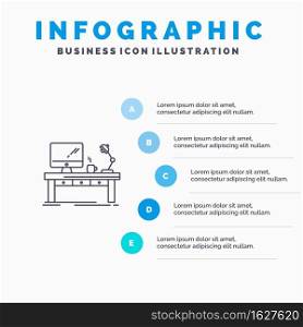 Workplace, Business, Computer, Desk, L&, Office, Table Line icon with 5 steps presentation infographics Background