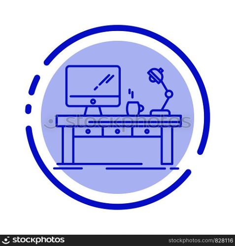 Workplace, Business, Computer, Desk, Lamp, Office, Table Blue Dotted Line Line Icon