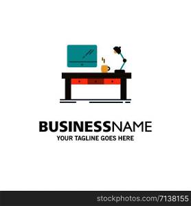 Workplace, Business, Computer, Desk, Lamp, Office, Table Business Logo Template. Flat Color