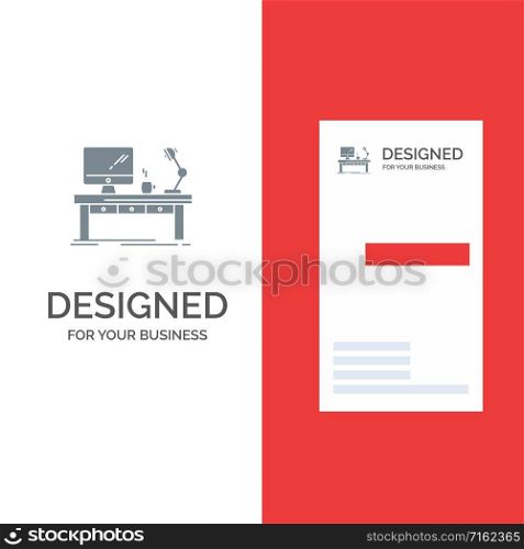Workplace, Business, Computer, Desk, Lamp, Office, Table Grey Logo Design and Business Card Template