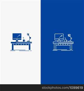 Workplace, Business, Computer, Desk, Lamp, Office, Table Line and Glyph Solid icon Blue banner Line and Glyph Solid icon Blue banner