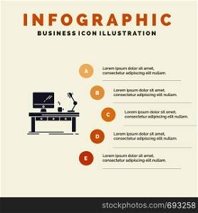 Workplace, Business, Computer, Desk, Lamp, Office, Table Solid Icon Infographics 5 Steps Presentation Background