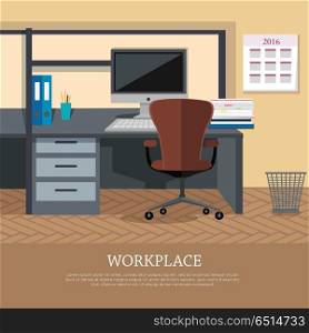 Workplace Concept Vector Web Banner in Flat Design. Workplace conceptual vector web banner. Flat style. Office room with armchair, computer monitor on the desk, rack with documents. Comfortable place for work modern business apartments design