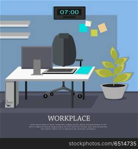 Workplace Concept Vector Web Banner in Flat Design. Workplace conceptual vector web banner. Flat style. Office room with armchair, computer monitor on the desk, rack with documents. Comfortable place for work modern business apartments design
