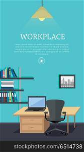 Workplace Concept Vector Web Banner in Flat Design. Workplace conceptual vector web banner. Flat style. Office room with armchair, laptop on the desk, rack with documents. Comfortable place for work. Illustration of modern business apartments design