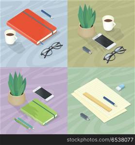 Workplace concepts set. Office supplies, mobile phone, flowerpot, glasses and cup of coffee on table surface vector in isometric projection. Business planning instruments. Stationery for everyday work. Workplace Concepts Set in Isometric Projection. Workplace Concepts Set in Isometric Projection