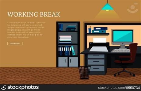Workplace conceptual vector web banner. Flat style. Working break office room with armchair, computer on the desk, rack with documents. Comfortable place for work modern business apartments design. Workplace Concept Vector Web Banner in Flat Design
