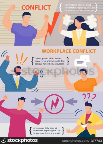 Workplace Conflict between Coworkers, Partners Header Banner Set. Work Relationships. Staff Problem. Stress and Misunderstanding. Cartoon People Character Screaming, Shouting. Vector Flat Illustration. Workplace Conflict between Coworkers Banner Set