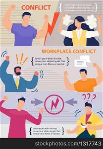 Workplace Conflict between Coworkers, Partners Header Banner Set. Work Relationships. Staff Problem. Stress and Misunderstanding. Cartoon People Character Screaming, Shouting. Vector Flat Illustration. Workplace Conflict between Coworkers Banner Set