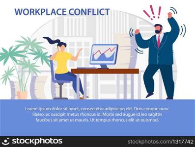 Workplace Conflict Flat Poster. Procrastination, Forbidden Phone Calls during Working Time. Angry Mad Boss Chief Shouting on Employee Having Informal Talk via Smartphone. Vector Illustration. Phone Calls on Workplace Conflict Flat Poster