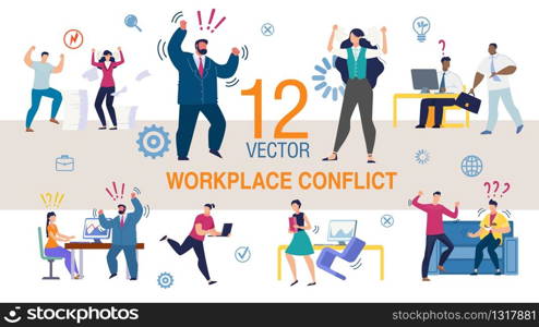 Workplace Conflict, Stress on Work Trendy Flat Vector Scenes Set. Businesspeople Characters, Office Workers Arguing, Conflicting with Colleagues, Angry Boss Screaming on Company Employees Illustration