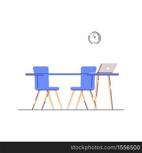 Workplace consultation semi flat RGB color vector illustration. Desktop for corporate meeting. Office interior. Table with chairs for briefing isolated cartoon objects on white background. Workplace consultation semi flat RGB color vector illustration