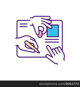 Workplace cooperation RGB color icon. Collaborative development. Working productively toward common goal. Co-creation process. Resolving, improving common concern issues. Isolated vector illustration. Workplace cooperation RGB color icon