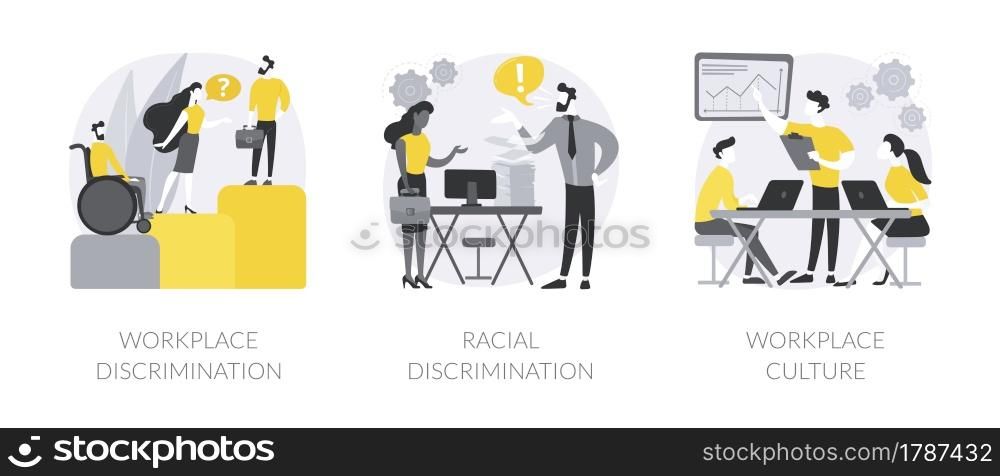 Workplace culture abstract concept vector illustration set. Workplace and racial discrimination, equal employment opportunity, shared values, sexual harassment, prejudice and bias abstract metaphor.. Workplace culture abstract concept vector illustrations.