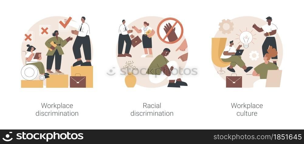 Workplace culture abstract concept vector illustration set. Workplace and racial discrimination, equal employment opportunity, shared values, sexual harassment, prejudice and bias abstract metaphor.. Workplace culture abstract concept vector illustrations.