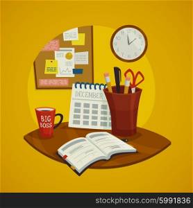 Workplace Design Concept Set. Workplace design concept set with datebook calendar cup of coffee and wall clock vector illustration