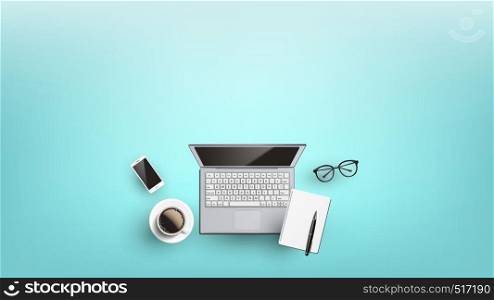 Workplace Desk For Freelancer Flat Lay Vector. Spiral Binder Paperclip Notebook On Laptop Near Eye Black Frame Glasses, Cellphone And Mug Of Coffee On Desk. Copy Space Top View Illustration. Workplace Desk For Freelancer Flat Lay Vector