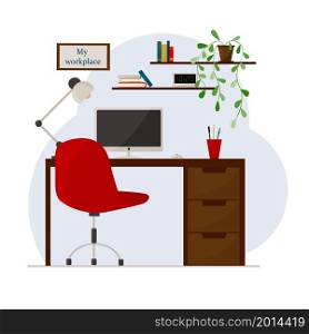 Workplace, desktop. Modern interior of the office. Office with a computer. Colorful vector illustration in flat cartoon style.