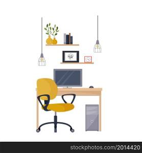 Workplace, desktop. Modern interior of the office. Office with a computer. Colorful vector illustration in flat cartoon style.