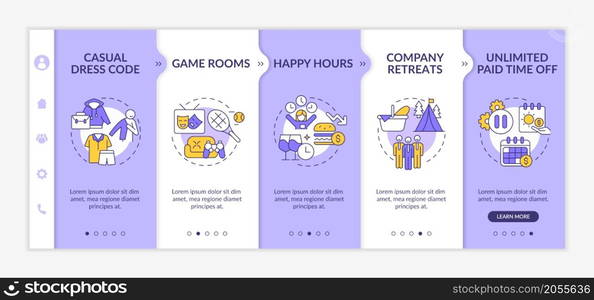 Workplace environment perks onboarding template. Happy hours. Responsive mobile website with linear concept icons. Web page walkthrough 5 step screens. Lato-Bold, Regular fonts used. Workplace environment perks onboarding template