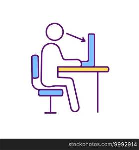 Workplace ergonomics RGB color icon. Eliminating discomfort and injuries risk. Human performance and productivity improvement. Worker capabilities and limitations. Isolated vector illustration. Workplace ergonomics RGB color icon