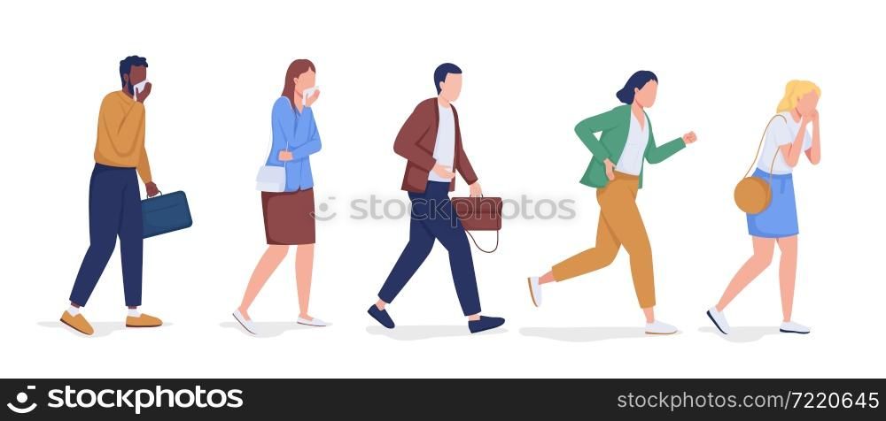 Workplace fire evacuation semi flat color vector characters set. Full body people on white. People running to exit isolated modern cartoon style illustrations for graphic design and animation. Workplace fire evacuation semi flat color vector characters set
