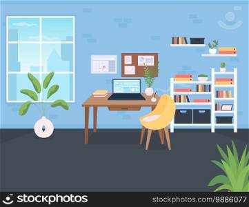 Workplace flat color vector illustration. Workspace for corporate employee. Room with computer on desk. Shelves with documents. Office 2D cartoon interior with window and shelves on background. Workplace for corporate employee flat color vector illustration