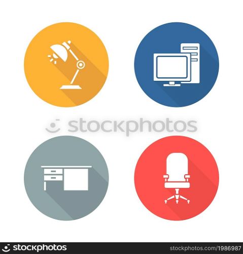 Workplace flat design icon set. Office interior objects. Workspace design long shadow symbols. Furniture and desktop electronics silhouette emblems. Vector infographic elements in color circles. Workplace flat design icon set