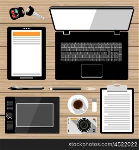 Workplace flat lay. Business elements. Laptop, graphic tablet, tablet, camera. Vector