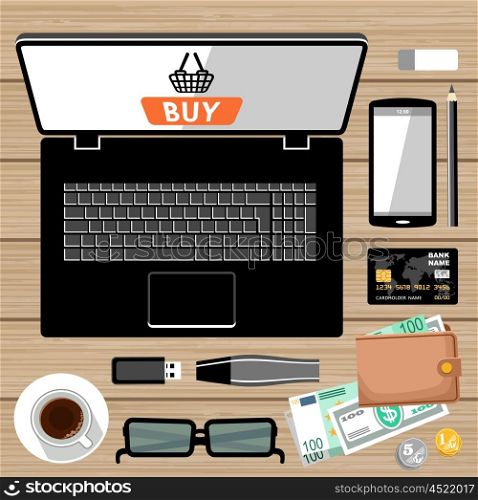 Workplace flat lay. Online payment. Internet shopping. Vector