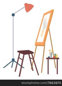Workplace for artist, table with colors, paint-brushes, l&and chair tools. Flowers on paper, painting hobby, drawing education, creative picture vector. Flowers on Paper, Painting Hobby, Workplace Vector