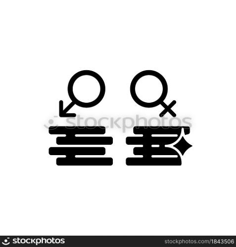 Workplace gender equality black glyph icon. Equal pay for work. Fighting inequality in wages. Salary discrimination prevention. Silhouette symbol on white space. Vector isolated illustration. Workplace gender equality black glyph icon