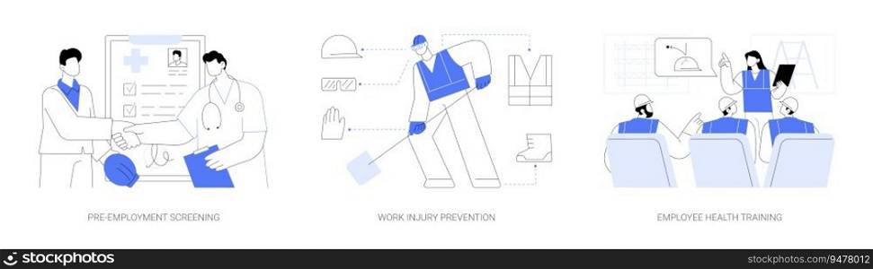 Workplace health abstract concept vector illustration set. Pre-employment screening, work injury prevention, employee health training, preventative occupational medicine abstract metaphor.. Workplace health abstract concept vector illustrations.