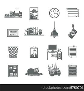 Workplace icons black set with fax bookshelf cactus clock isolated vector illustration. Workplace Icons Set