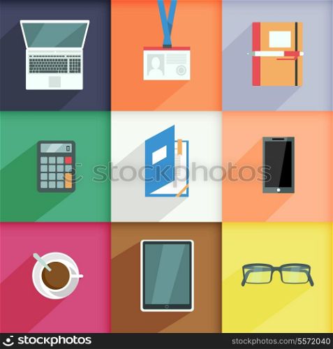 Workplace icons set with computer pass notebook calculator isolated vector illustration