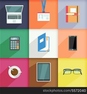 Workplace icons set with computer pass notebook calculator isolated vector illustration