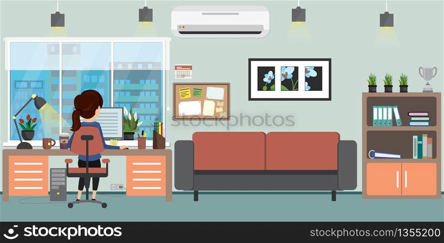Workplace in Modern office or cabinet in the house,interior with furniture and plants,Female working - back view,flat vector illustration